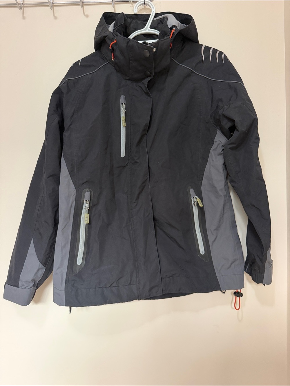 Women's Black & Gray Hooded Varsity-Style Jacket with Reflective Zips